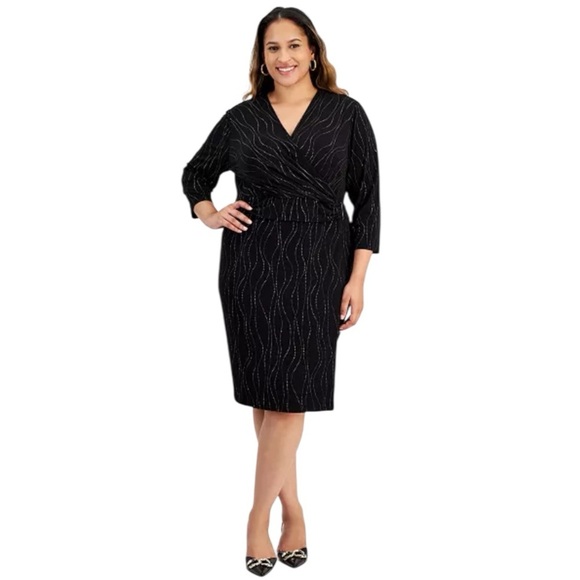 Kasper Plus Size 3/4-Sleeve Knit Wrap Dress Elegant Black Dress Subtle Patterns - Picture 1 of 6
